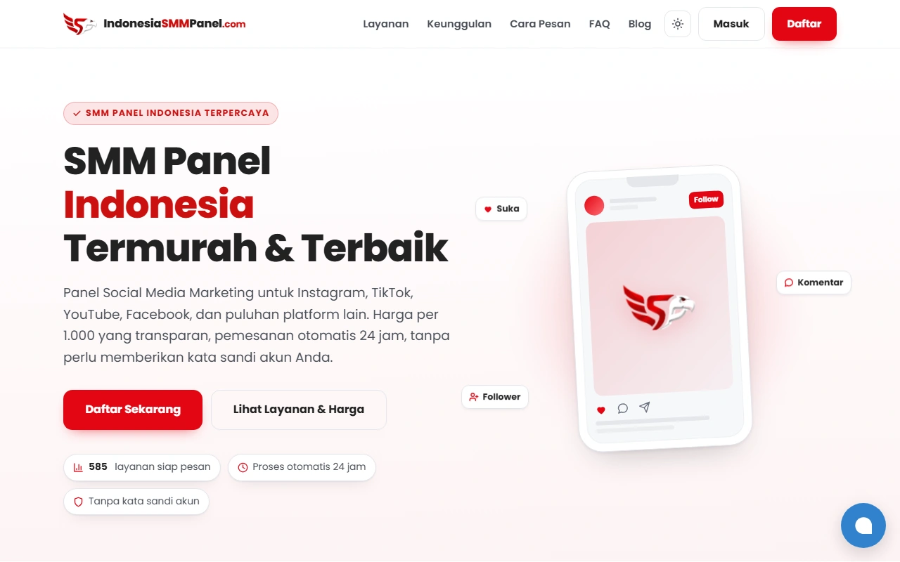 Tangkapan layar beranda IndonesiaSMMPanel.com dengan daftar platform dan jumlah layanan siap pesan